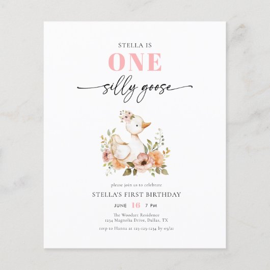 BUDGET Roze Een Gekke Gans Verjaardagsfeestje Invi (Voorkant)