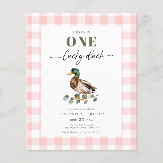 Budget Roze Een Lucky Duck Meisje 1e Verjaardag Flyer (Voorkant)