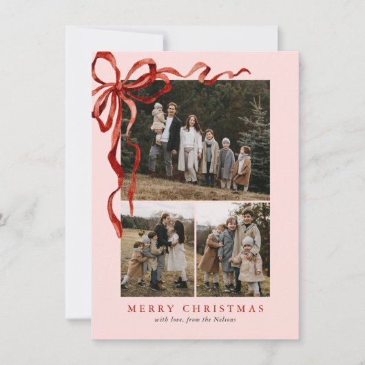 Budget Roze Elegante Rode Boog Kerst Vier Foto Feestdagenkaart (Voorkant)