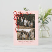 Budget Roze Elegante Rode Boog Kerst Vier Foto Feestdagenkaart (Staand voorkant)