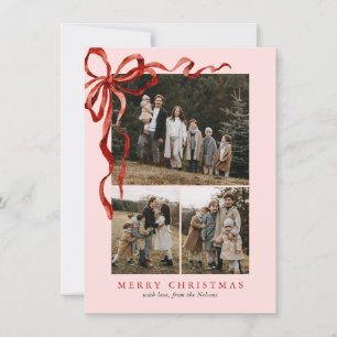 Budget Roze Elegante Rode Boog Kerst Vier Foto Feestdagenkaart