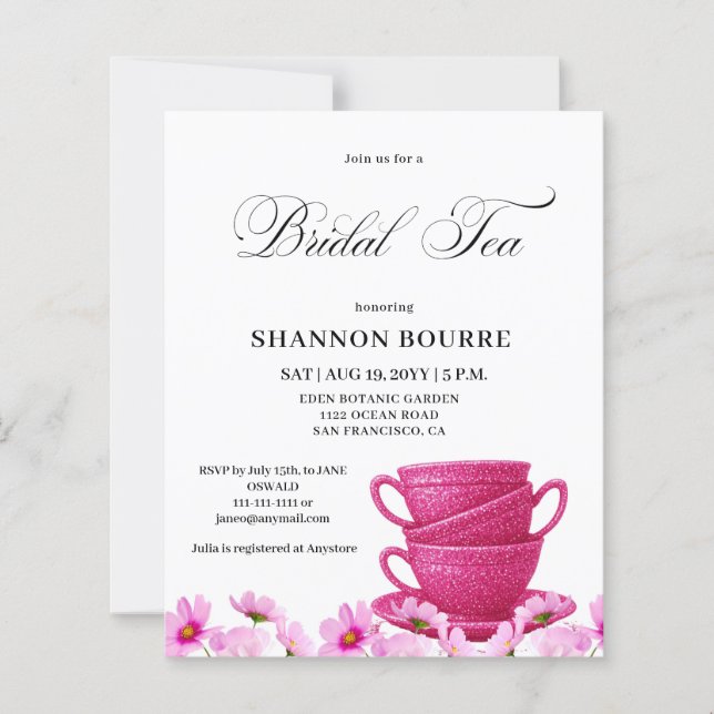Budget Roze Elegante Trouwthee Uitnodiging (Voorkant)