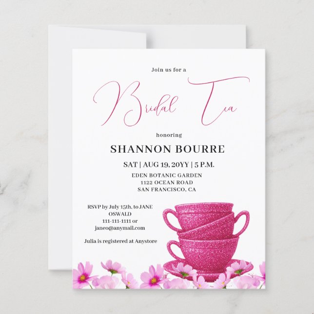 Budget Roze Elegante Trouwthee Uitnodiging (Voorkant)