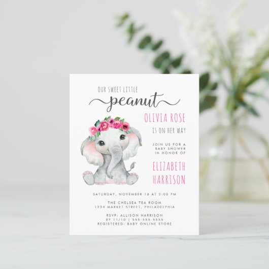 Budget Roze Elephant Waterverf Baby Girl Shower (Staand voorkant)