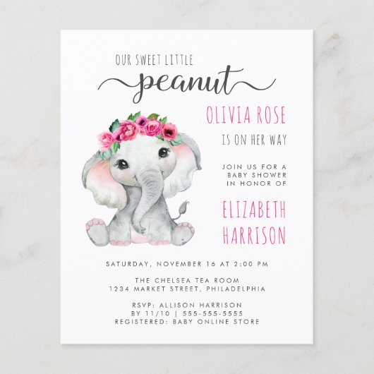 Budget Roze Elephant Waterverf Baby Girl Shower (Voorkant)