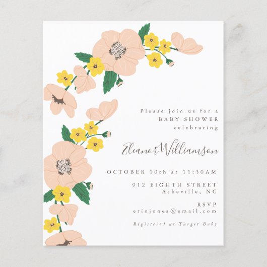 Budget Roze en Geel Floral Baby shower Uitnodigen (Voorkant)