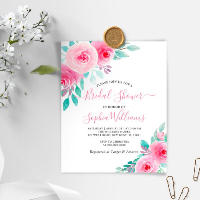 Budget Roze en Mint Floral Bridal Shower Uitnodigi (Creator heeft geüpload)
