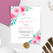 Budget Roze en Munt Floral Baby shower Uitnodiging