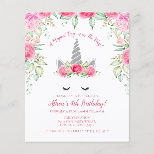 Budget roze en Silver Glitter Unicorn Birthday (Voorkant)