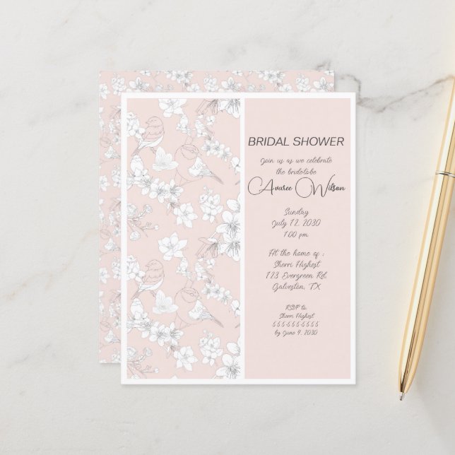 BUDGET Roze en White Birds Shower Invitation (Voorkant / Achterkant in situ)