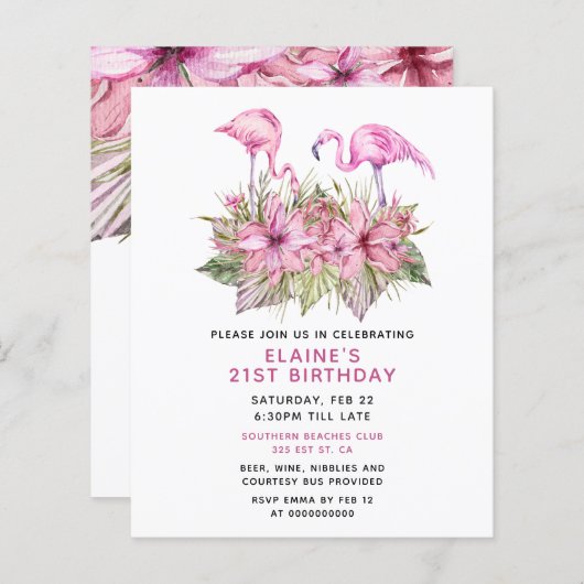 Budget roze Flamingo Birthday Party Uitnodiging (Voorkant / Achterkant)