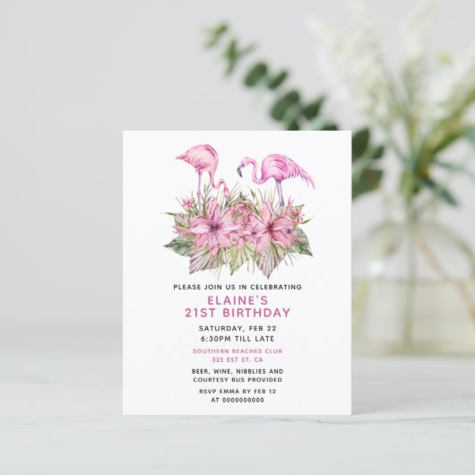 Budget roze Flamingo Birthday Party Uitnodiging (Staand voorkant)