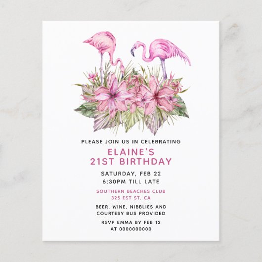 Budget roze Flamingo Birthday Party Uitnodiging (Voorkant)