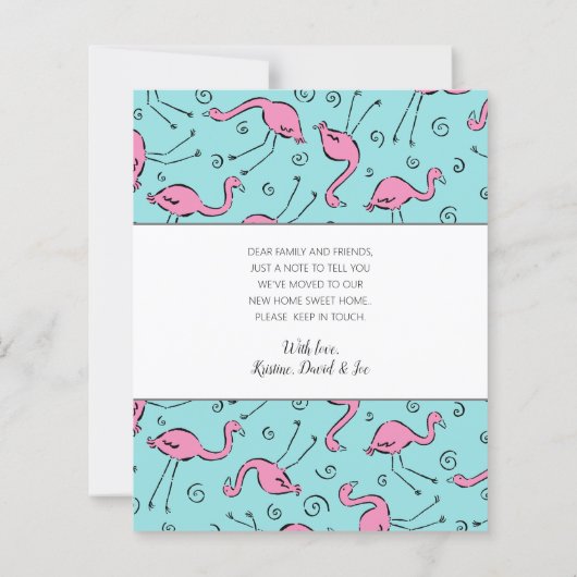 Budget roze Flamingo on Blue Family Moving Kaart (Achterkant)