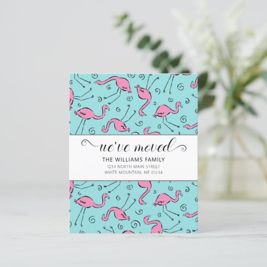 Budget roze Flamingo on Blue Family Moving Kaart (Staand voorkant)