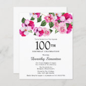 Budget Roze Floral 100th Birthday Uitnodiging (Voorkant / Achterkant)