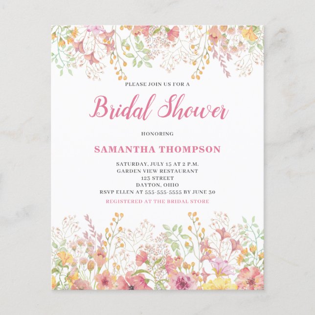 Budget Roze Floral Bridal Shower Uitnodiging (Voorkant)