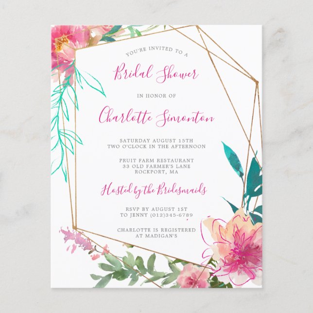 Budget Roze Floral Bridal Shower Uitnodiging (Voorkant)