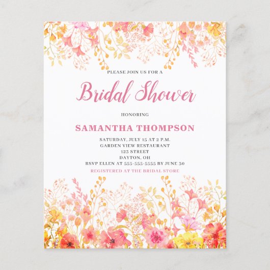Budget Roze Floral Bridal Shower Uitnodiging Flyer (Voorkant)