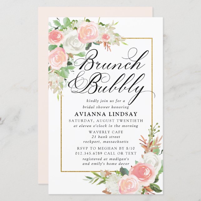 Budget roze Floral Brunch Bubble Invite (Voorkant / Achterkant)