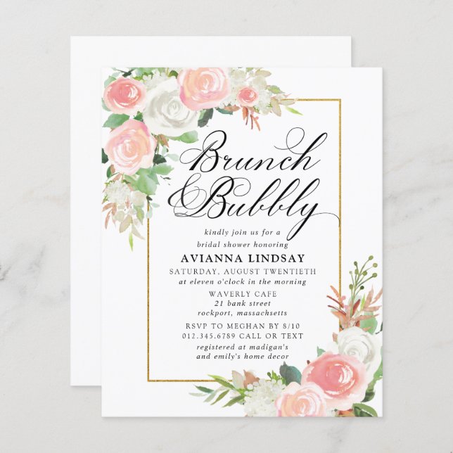 Budget roze Floral Brunch Bubble Invite (Voorkant / Achterkant)