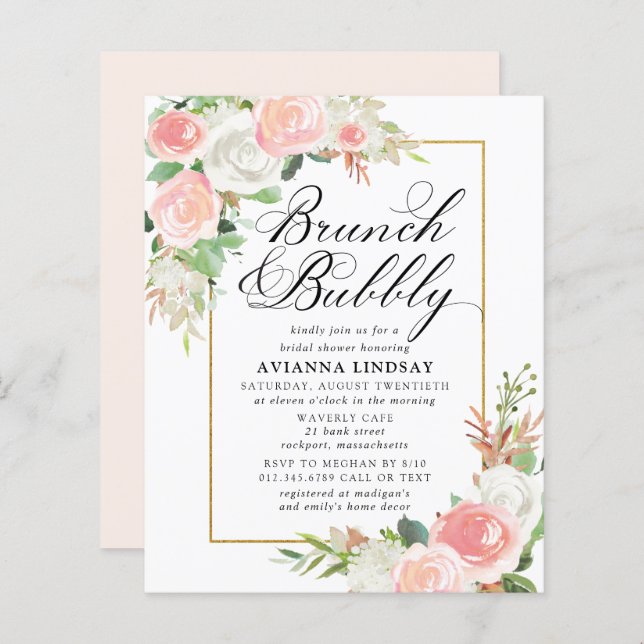 Budget roze Floral Brunch Bubble Invite (Voorkant / Achterkant)