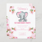 Budget roze Floral Elephant 1e verjaardag Uitnodig (Voorkant / Achterkant)