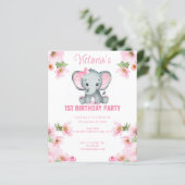 Budget roze Floral Elephant 1e verjaardag Uitnodig (Staand voorkant)
