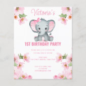 Budget roze Floral Elephant 1e verjaardag Uitnodig (Voorkant)