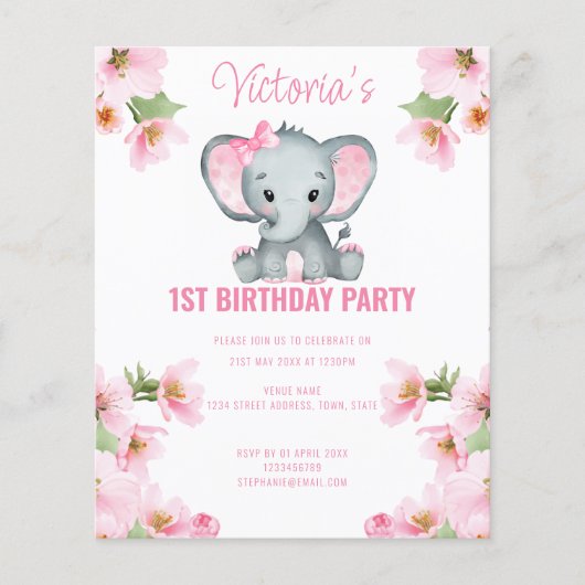 Budget roze Floral Elephant 1e verjaardag Uitnodig (Voorkant)