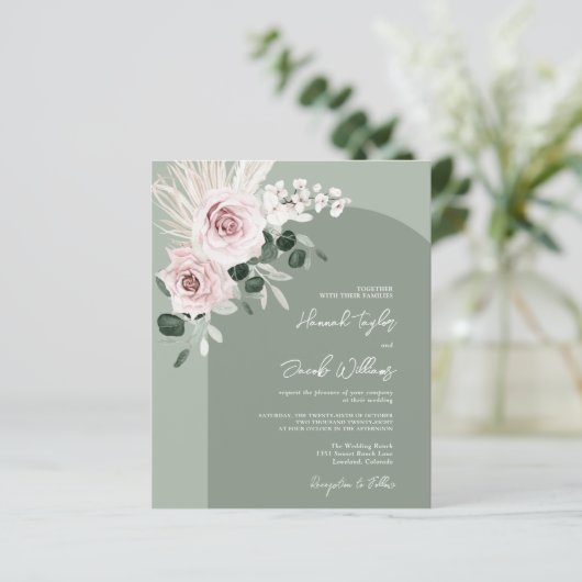 Budget roze Floral Eucalyptus Sage Wedding Uitnodi (Staand voorkant)