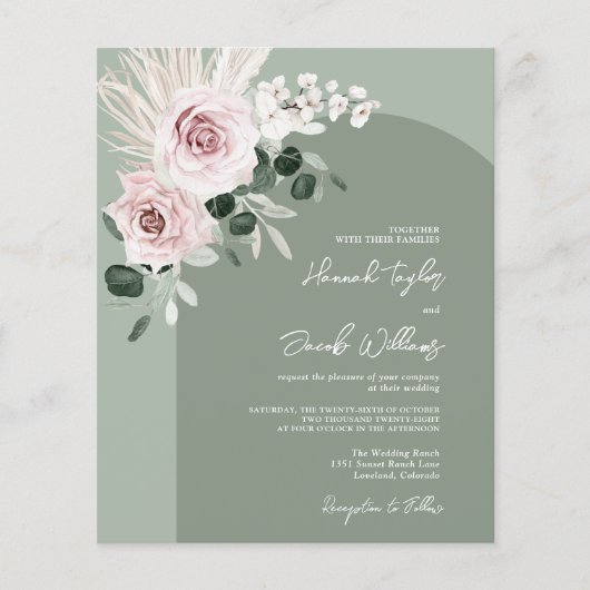 Budget roze Floral Eucalyptus Sage Wedding Uitnodi (Voorkant)
