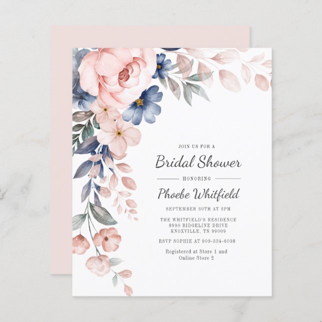 Budget roze Floral Manuscript Bridal Shower Uitnod (Voorkant / Achterkant)