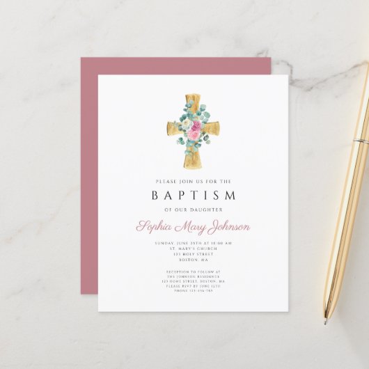 Budget roze Floral Peonies Cross Baptisme Invite (Voorkant / Achterkant in situ)