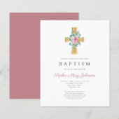Budget roze Floral Peonies Cross Baptisme Invite (Voorkant / Achterkant)