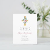 Budget roze Floral Peonies Cross Baptisme Invite (Staand voorkant)