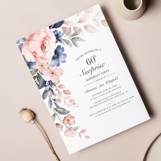 Budget roze Floral Script 60th Birthday Uitnodigin