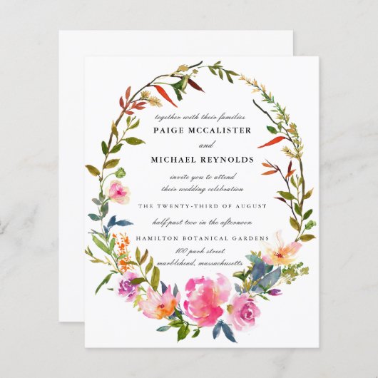 Budget Roze Floral Wedding Uitnodiging (Voorkant / Achterkant)