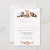 Budget Roze Floral Woodland Animals Baby shower Kaart (Voorkant)