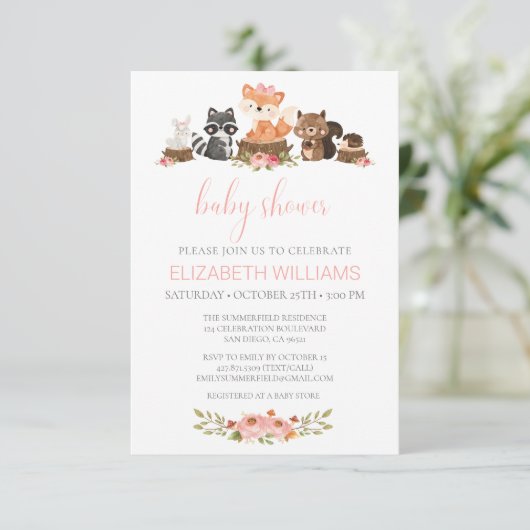 Budget Roze Floral Woodland Animals Baby shower Kaart (Staand voorkant)