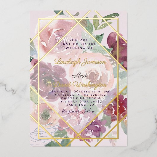 Budget Roze florale en goudgeometrische vormgeving Folie Uitnodiging (Voorkant)