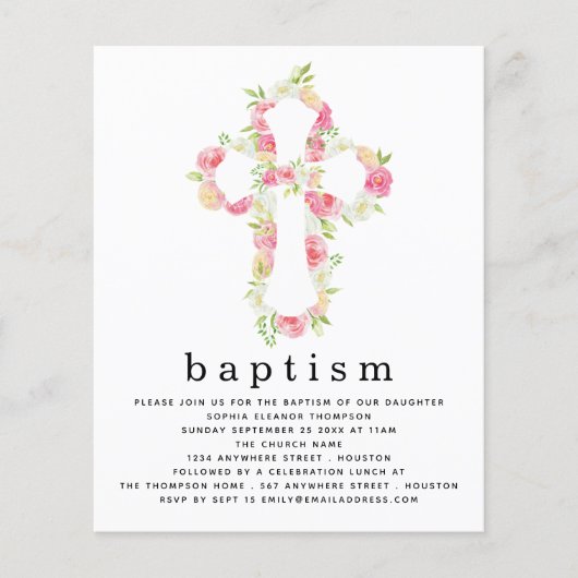 Budget roze Florals Cross Baptisme Uitnodiging (Voorkant)