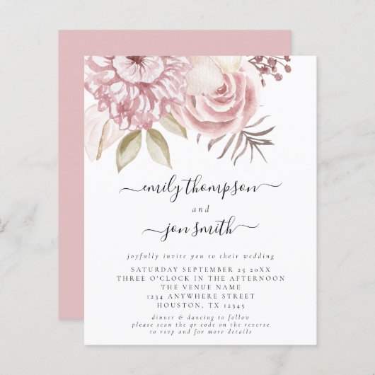 Budget roze Florals QR Code Weddenschap (Voorkant / Achterkant)