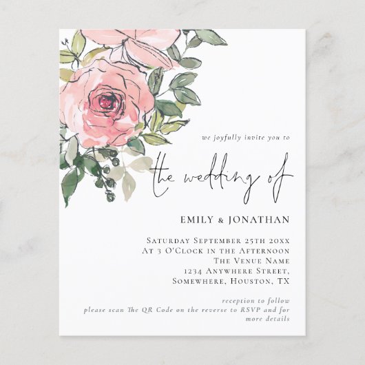 Budget roze Florals QR Code Weddenschap (Voorkant)