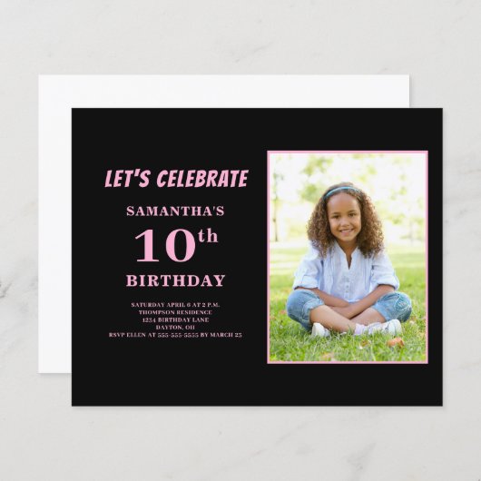 Budget roze foto 10e verjaardag uitnodiging (Voorkant / Achterkant)