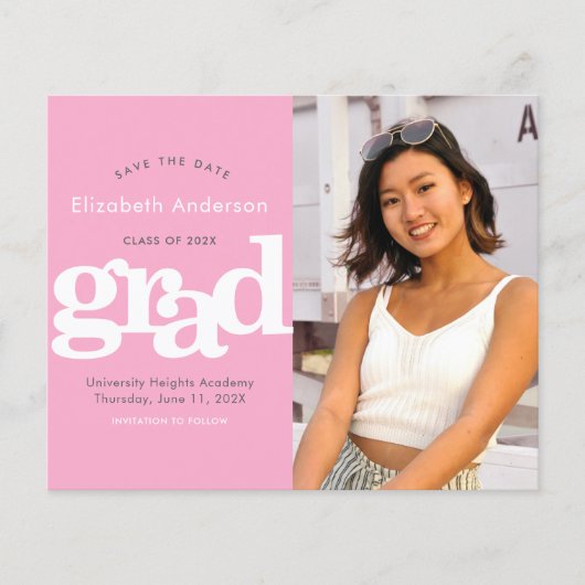 Budget Roze Foto Opslaan Datum Afstuderen Uitnodig (Voorkant)