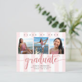 Budget roze glitter 3 foto afstuderen uitnodiging (Staand voorkant)