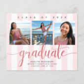 Budget roze glitter 3 foto afstuderen uitnodiging (Voorkant)