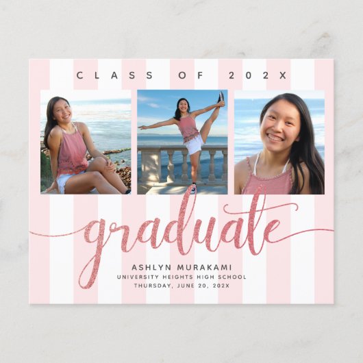 Budget roze glitter 3 foto afstuderen uitnodiging (Voorkant)