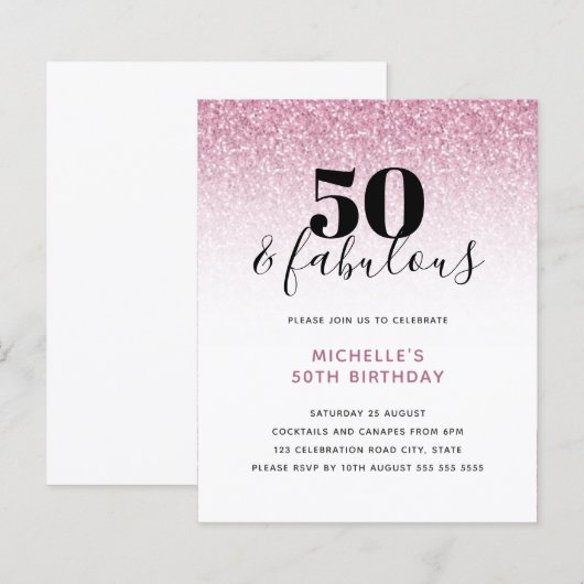 Budget roze Glitter 50 & Fabulous Birthday Invite (Voorkant / Achterkant)